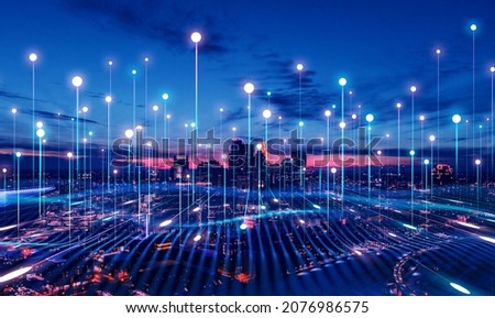  Big data connection technology.Telecommunication  and communication network concept. Smart city and digital transformation. 
