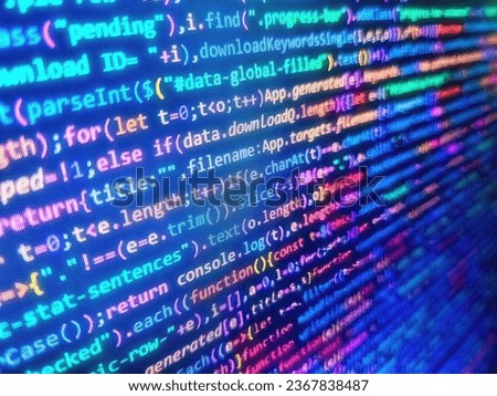 Big data database app. Business background. Code on dark background. Admin access to data source. Programming code on computer monitor. Binary and source code malware background. Computer script