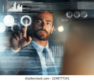 Big Data, Digital Future And Crypto Metaverse Of Fintech Business Man, Developer And Nft Blockchain Trader Cloud Computing At Night. Digital Transformation, Ux Software Dashboard And Cyber Technology