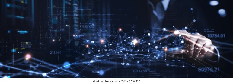 Big data, digital technology concept. Software engineer touching on virtual internet network connection with data center, network server, innovative futuristic technology background, data mining