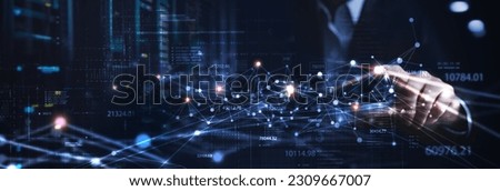Big data, digital technology concept. Software engineer touching on virtual internet network connection with data center, network server, innovative futuristic technology background, data mining
