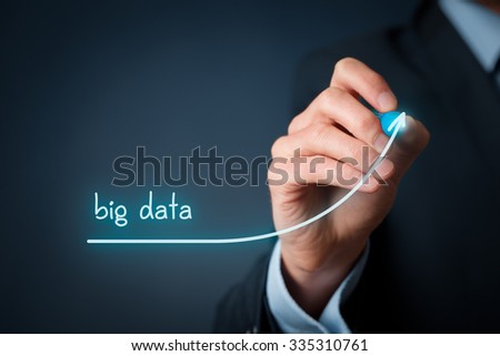 Big data growth (bigdata) concept. Businessman draw accelerating line of data volume.

