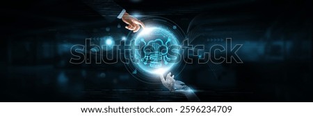 Big Data: Hands of Robot and Human Touching on Data Network Connection Background, Analytics and Artificial Intelligence Technology, Insights and Automation.