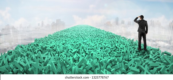 Big data highway, information analysis and restructuring concept, businessman looking for direction on road of huge amount of green letters and numbers in the air, sky clouds cityscape background. - Powered by Shutterstock