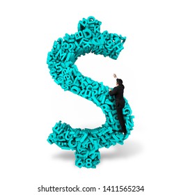 Big data, information analysis and restructuring concept. Businessman climbing on blue green dollar sign money symbol of huge amount 3d letters and numbers, isolated on white background.