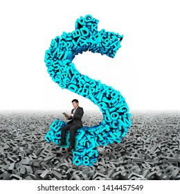 Big data, information analysis and restructuring concept. Business man sitting on dollar sign money symbol of huge amount 3d letters and numbers with gray big data floor on white background. - Powered by Shutterstock - Get 15% off with code: PIKWIZARD15