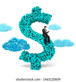 Big data, information analysis and restructuring concept. Business man sitting on dollar sign money symbol of huge amount 3d letters and numbers with blue big data clouds, isolated on white.