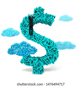 Big data, information analysis and restructuring concept. Climbing businessman hang on dollar sign money symbol of huge amount 3d letters and numbers with blue big data clouds, isolated on white.