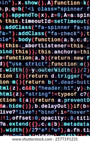 Big data and Internet of things trend. IT specialist workplace. Website HTML Code on the Laptop Display Closeup Photo. Big data storage and cloud computing representation