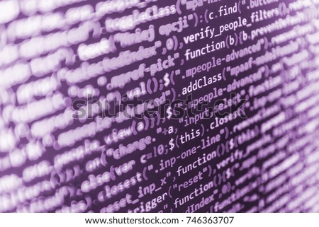 Big data and Internet of things trend. Binary digits code editing. IT specialist workplace. Coworkers team in modern office. Big data database app. Programmer developer screen. 
