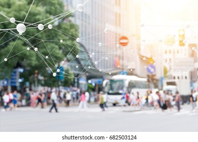 Big Data , Iot , Artificial Intelligence (ai) Technology Every Where , Smart City Technology Concept. Neural Networks Connect Atoms And Blur City People Cross Street Background. 3d Rendering.