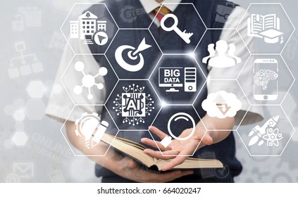 Big Data Learning Concept. School boy offers data center icon on virtual screen. Educational Institution Server Information Technology Integration. E-Learning Innovative Technologies.