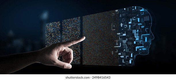 big data , man point a visual screen for big data
