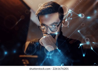 Big data management, digital technology, software development concept. Computer programmer, software engineer programming on laptop, data processing with computer code, technology background
