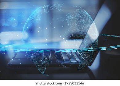 Big Data Network Technologies With Digital Round World Map With Satellite At Opened Laptop Background. Double Exposure