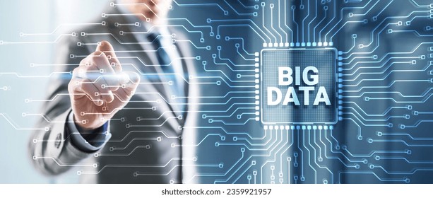Big data on server racks background. Man clicking on a virtual screen