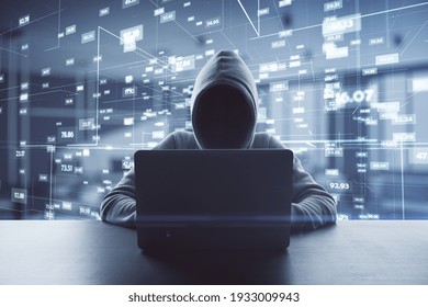Big data personal information safety technology concept with noface hacker working with laptop at digital virtual space with statistic indicators background. Double exposure