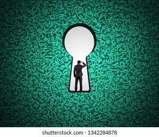 Big data privacy and security information technology concept. Rear view of businessman standing in blank white keyhole on huge amount of green letters and numbers background.