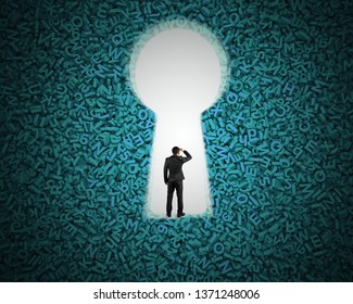 Big data privacy and security information technology concept. Rear view of businessman standing in blank white keyhole on huge amount of green letters and numbers background, spotlight.