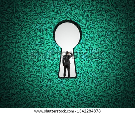 Big data privacy and security information technology concept. Rear view of businessman standing in blank white keyhole on huge amount of green letters and numbers background.