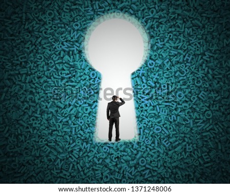 Big data privacy and security information technology concept. Rear view of businessman standing in blank white keyhole on huge amount of green letters and numbers background, spotlight.