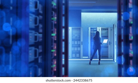 Big data processing center. Room with server equipment. Woman stands inside telecommunications company building. Girl maintains server equipment. System administrator with back to camera