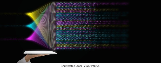 Big data and data science concepts. Business analytics technology is computing, analyzing, and extracting complex statistical data set on a tablet computer. Data mining, ai, and machine learning.