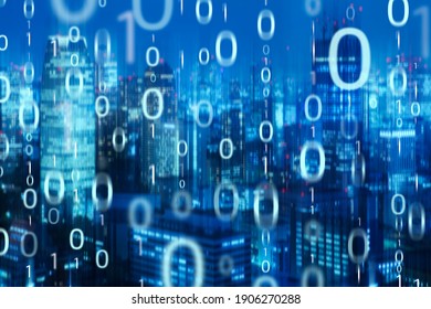 Big data in smart city binary code on blue modern city background. concept of internet, wireless technology and cyberspace