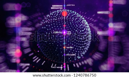 Big data sphere visualization with text. HUD wireframe mesh sphere with dot and lines. Visual data infographics design. Science technology. Digital Data. Analysis of information.