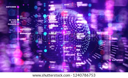 Big data sphere visualization with text. HUD wireframe mesh sphere with dot and lines. Visual data infographics design. Science technology. Digital Data. Analysis of information.