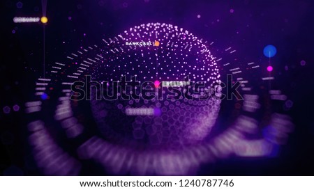 Big data sphere visualization with text. HUD wireframe mesh sphere with dot and lines. Visual data infographics design. Science technology. Digital Data. Analysis of information.
