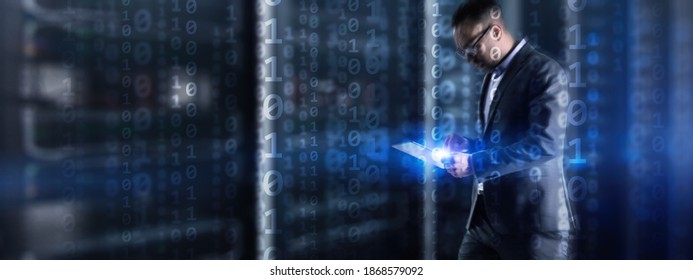 Big data statistics and business analytics concept. Binary code Information on virtual screen and data center background.