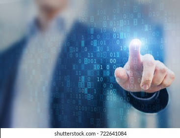 Big data statistics and business analytics concept with flow or stream of binary code information on virtual screen and analyst in background