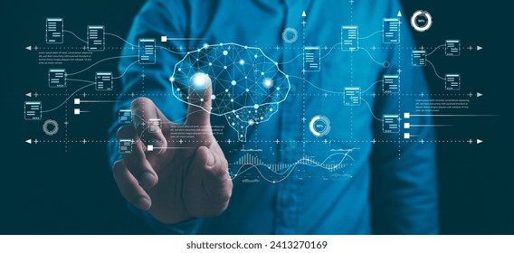 Big data technology and AI data science. Data scientist querying, analysing and visualizing complex set on virtual screen. Data flow concept. Neural network, artificial intelligence, ML, analytics.