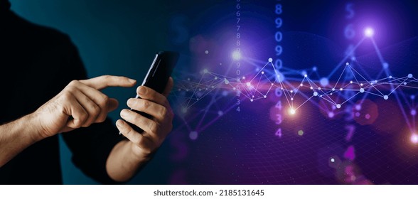 Big Data Technology Background. Using A Smartphone Against The Background Of Visualization Of A Computer Internet Network, Social Connection, Analytics, Information.