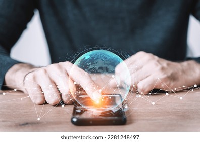Big data technology background. Using a laptop against the background of visualization of a computer internet network, social connection, analytics, information.