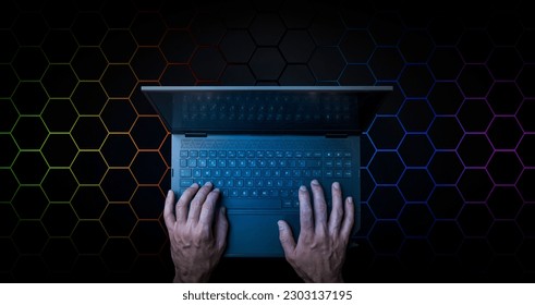 Big data technology background. Using a laptop against the background of visualization of a computer internet network, social connection, analytics, information.