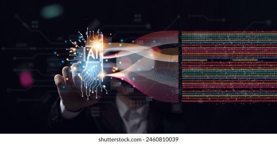 Big data technology and business analytics and visualize complex information on a virtual screen. information flow concept Business Analysis, Finance, Neural Networks, AI, ML - Powered by Shutterstock