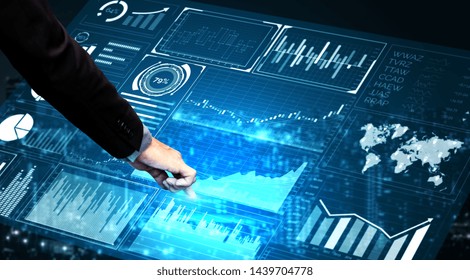Big Data Technology for Business Finance Analytic Concept. Modern graphic interface shows massive information of business sale report, profit chart and stock market trends analysis on screen monitor.