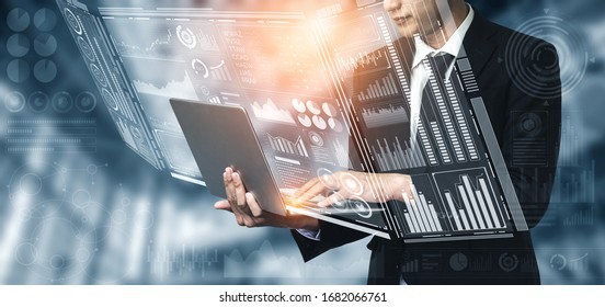 Big Data Technology for Business Finance Analytic Concept. Modern graphic interface shows massive information of business sale report, profit chart and stock market trends analysis on screen monitor. - Shutterstock ID 1682066761
