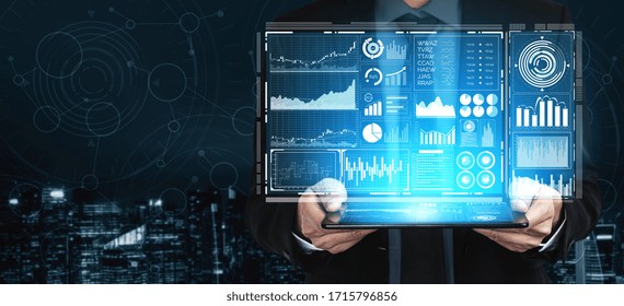 Big Data Technology for Business Finance Analytic Concept. Modern graphic interface shows massive information of business sale report, profit chart and stock market trends analysis on screen monitor.