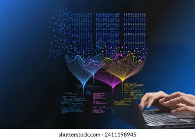 Big data technology and data science. analyze. Artificial intelligence, machine learning analytics (ML), data flow sorting concept