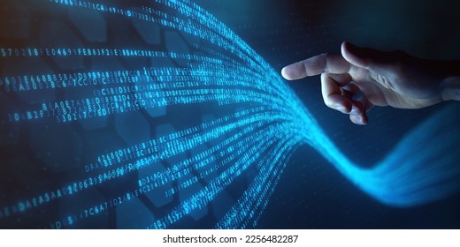 Big data technology and data science with person touching data flowing on virtual screen. Business analytics, artificial intelligence, machine learning. Engineer or scientist analyzing stream of data.