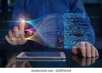 Big data technology and data science. Data scientist querying, analysing and visualizing complex information on virtual screen. Data flow concept. Business analytics, finance, neural network, AI, ML.