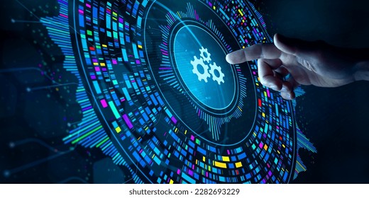Big data technology and data science. Data scientist analysing and visualizing complex data set on virtual screen. Computing, genomics, artificial intelligence, machine learning, business analytics.