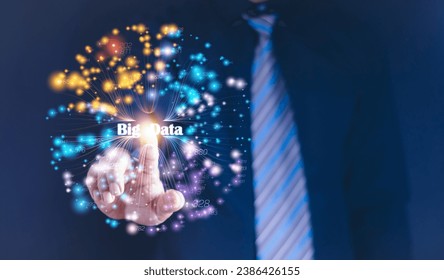 Big data technology and data science. Data scientist querying, analysing and visualizing complex information on virtual screen. Data flow concept. Business analytics, finance, neural network, AI