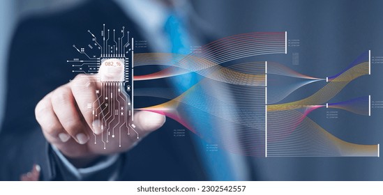 Big data technology. Data scientist querying, analysing and visualizing complex data. Data flow concept. Neural network, artificial intelligence, analytics.