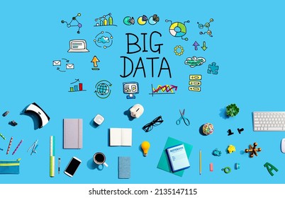 Big data theme with collection of electronic gadgets and office supplies