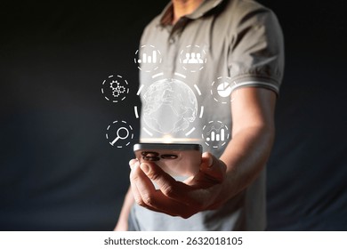 Big data visualization and analysis technology with scientists analyzing data structures on a virtual screen.