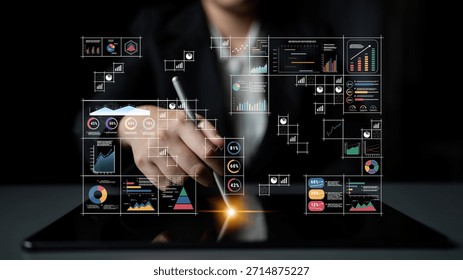 A big data visualization and business analytics dashboard grid. A complex collection of charts and graphs for comprehensive company reporting. Motif